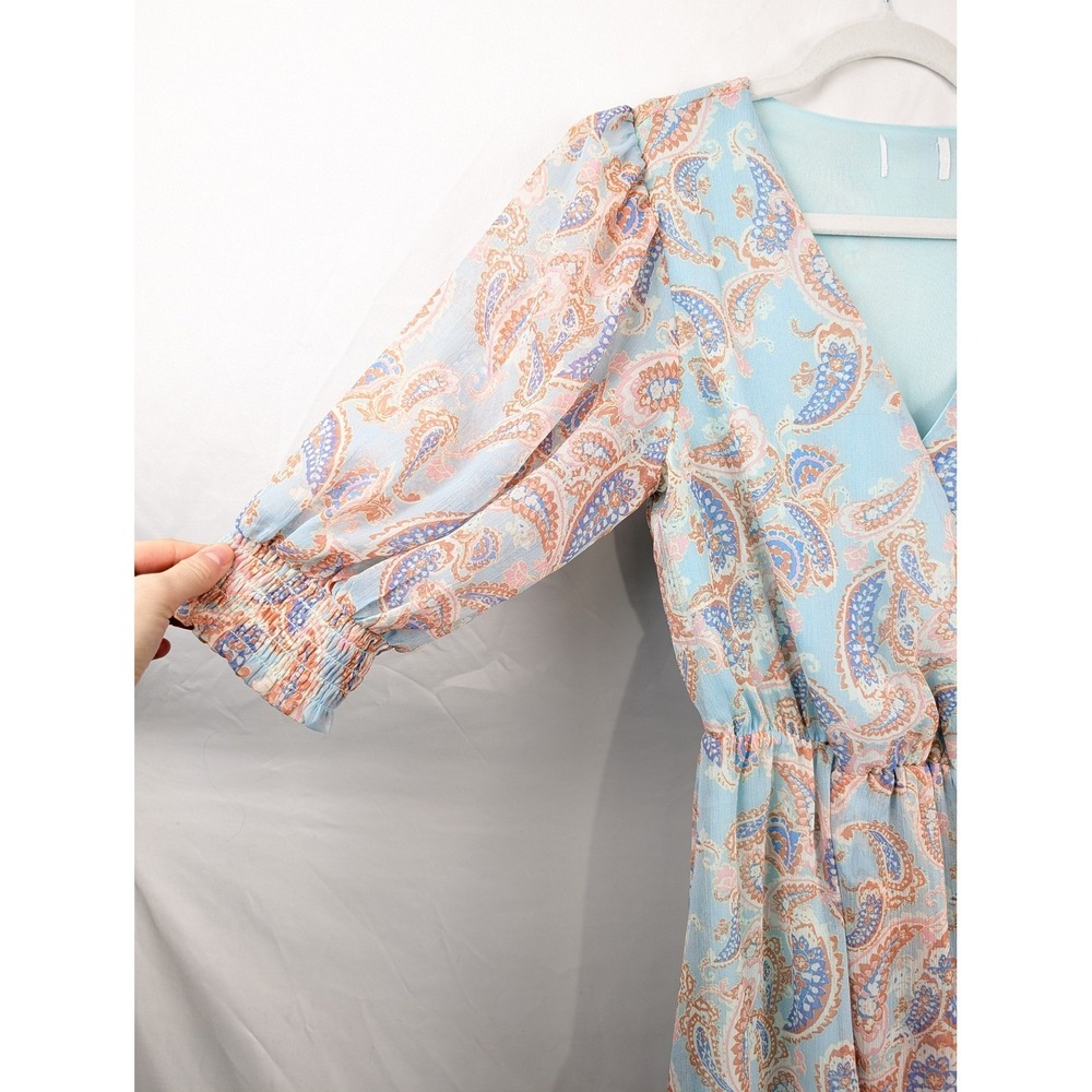 Floral Fairy Smocked Mini Wrap Dress Size‎ S Blue Paisley Ruffle Dainty Coquette - Picture 3 of 9